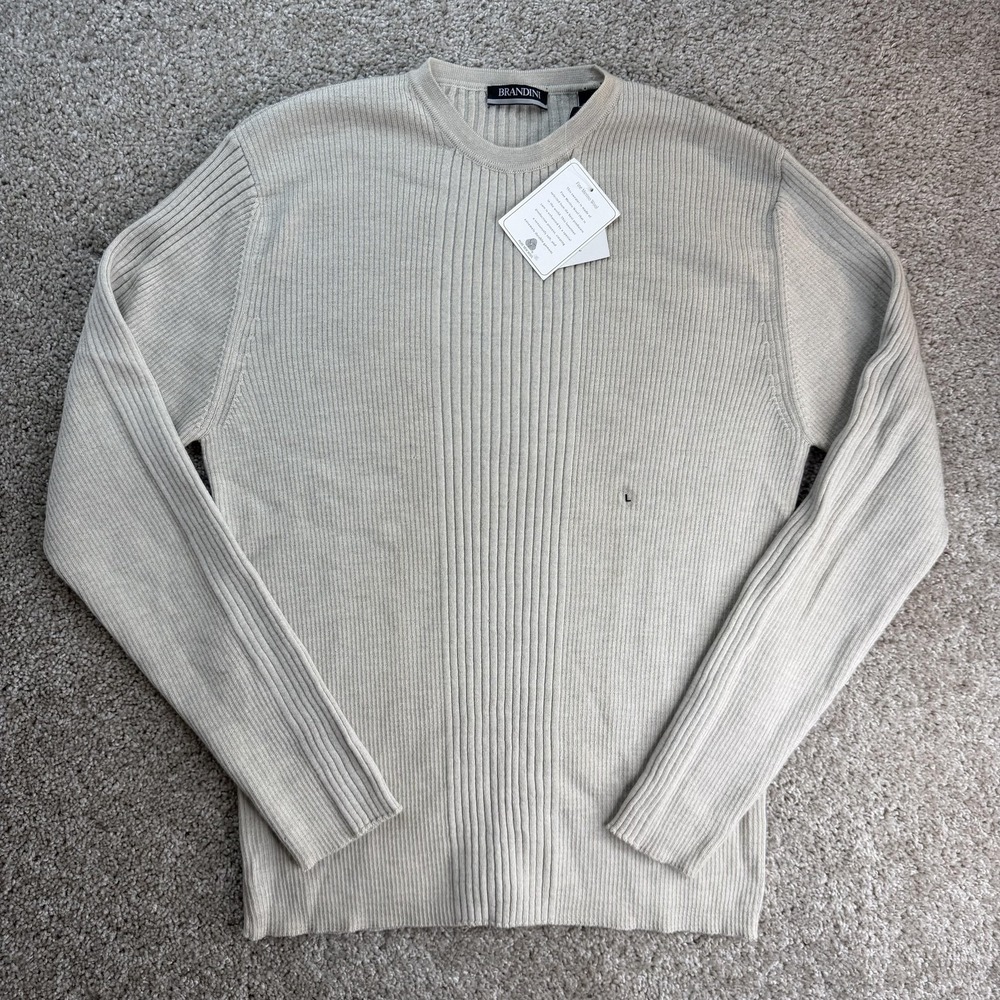 Brandini Sweater Mens Large Beige Tight Knit Merino Wool Crewneck Pullover